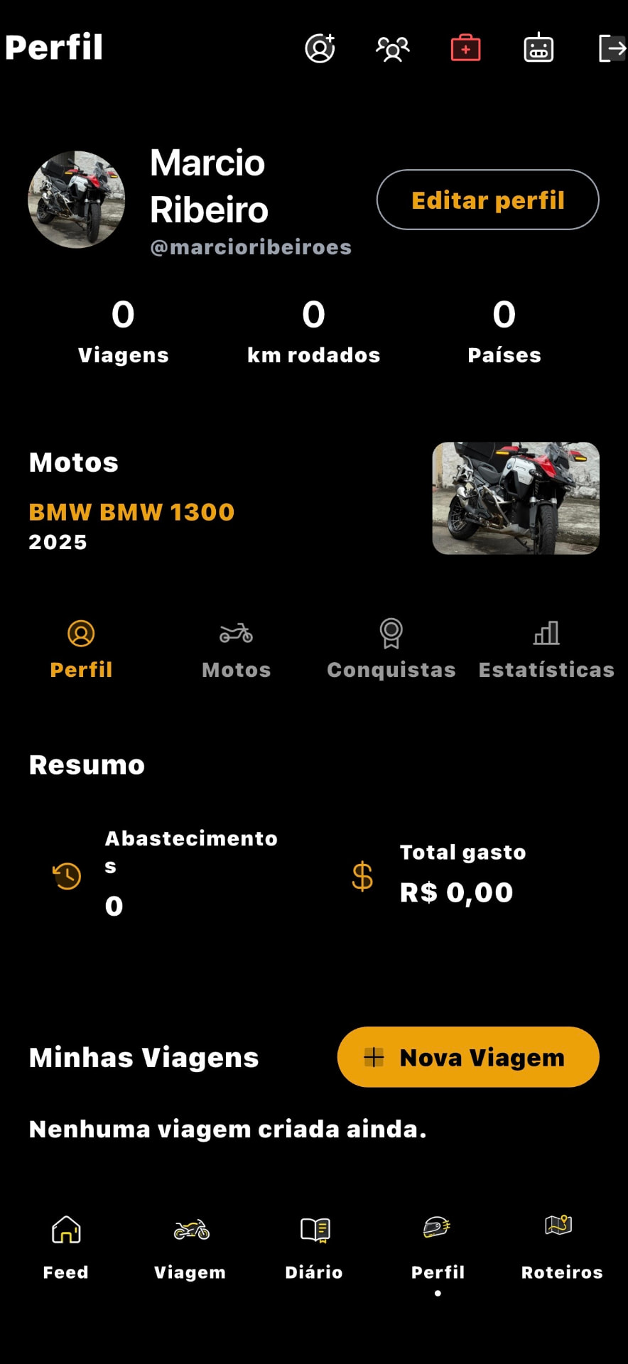 Tela Perfil do TRV Rotas